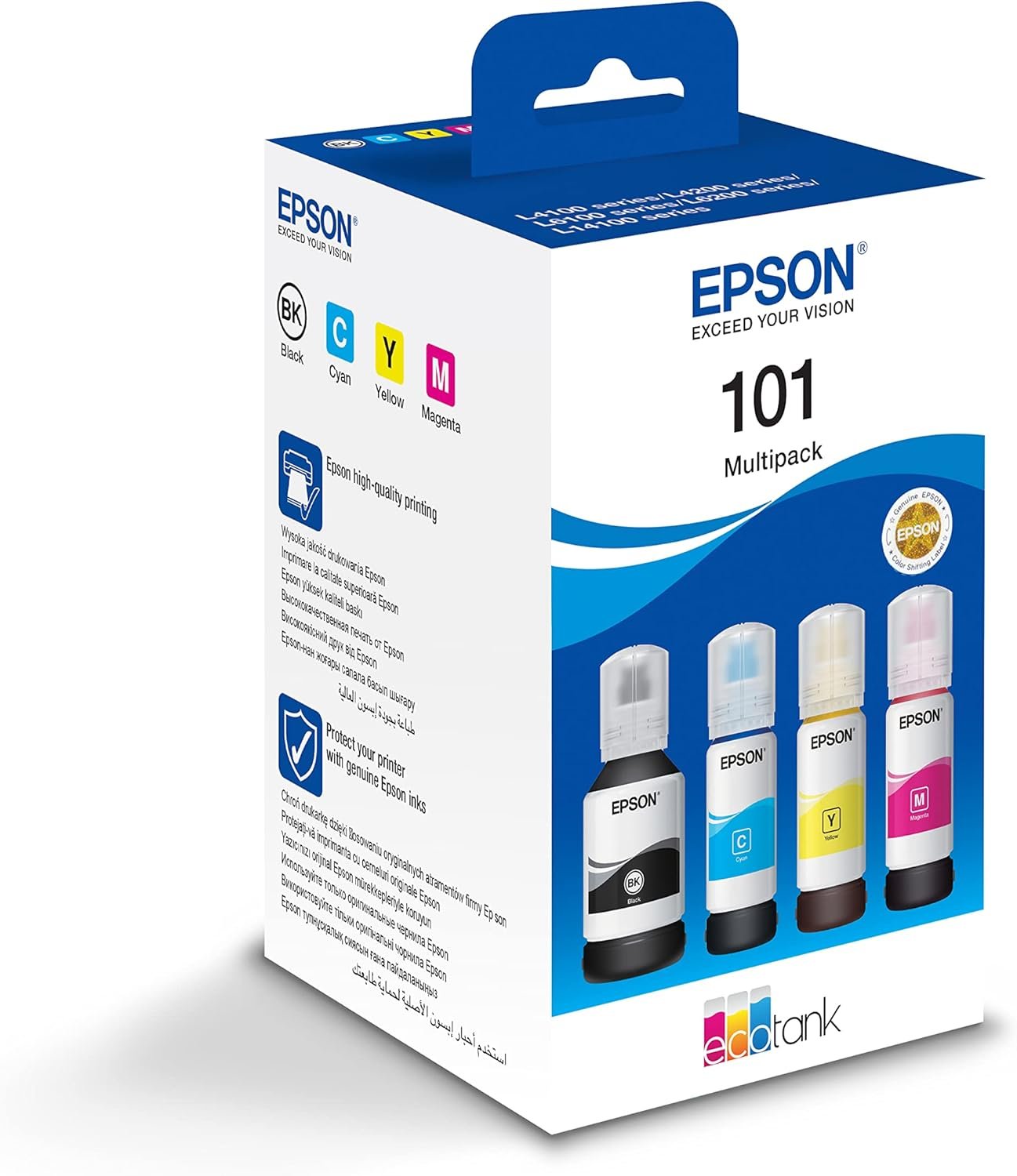 Epson 101 Ink EcoTank 4 colour Multipack, Black, Magenta, Cyan, Yellow, Large, Compatible with L4260, L6270, L6290, L14150 